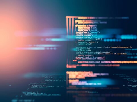 Close-up of coding lines on a screen with a blurred colorful backdrop, reflecting tech innovation.
