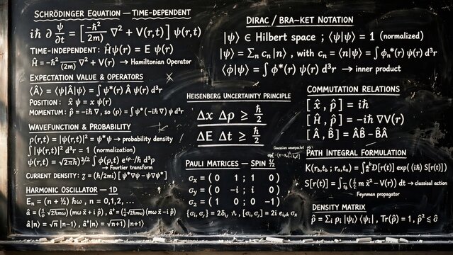 Quantum mechanics physics and mathematics equations written on a black chalkboard detailing theoretical concepts like the Schrodinger equation and Dirac notation