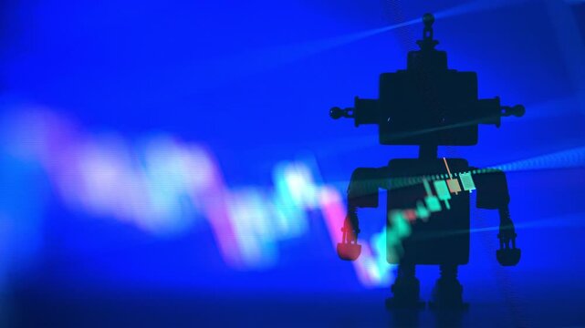 A dynamic timelapse video featuring fast moving stock market candlestick charts blended with a cute robot silhouette, representing artificial intelligence in trading, automated finance, and future mar