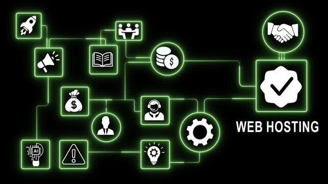 Comprehensive web hosting digital network infographic animation featuring glowing green connected by data lines illustrating cloud computing, server infrastructure, and online business solutions
