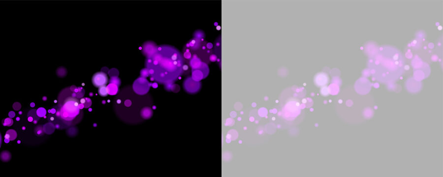 A vibrant cluster of glowing purple bokeh lights scatters diagonally across a black background. The circles vary in size with soft edges and a rich violet hue.
