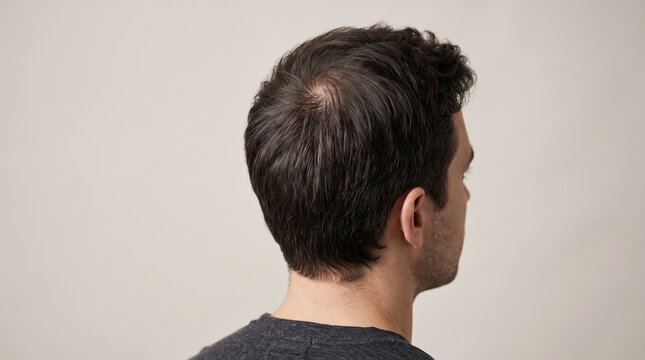 Sophisticated hair-loss prevention concept featuring a young man's naturally dark hair with barely visible crown thinning, photorealistic scalp texture, soft lighting and spacious website hero layout.