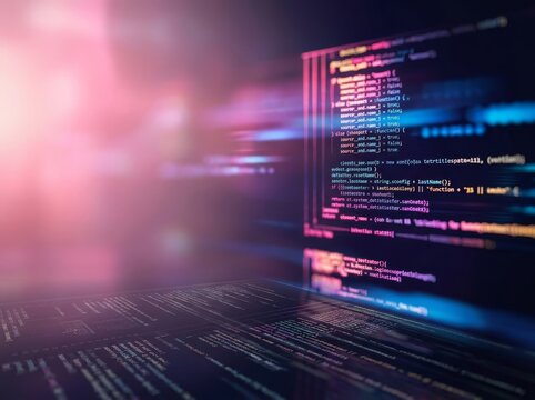 Glowing programming code on a transparent screen with a vibrant digital aesthetic.