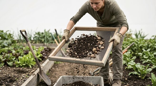 Woman using wooden wire mesh screen to sift soil and rocks. Organic gardening and compost preparation in raised beds