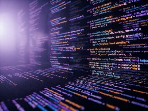 Close-up of colorful programming code on a dark computer screen with purple lighting.