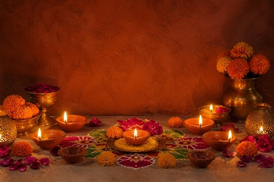 Diwali clay oil lamps and marigold flowers with copy space