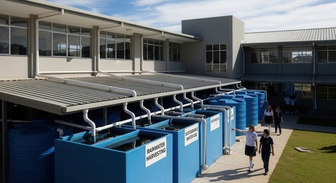 Modern School Building With Sustainable Rainwater Harvesting System Installation