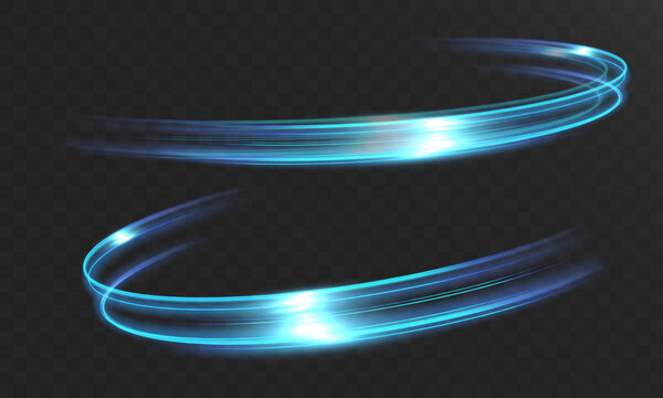 Glowing Blue Neon Light Trails with Curved Energy Lines on Transparent Background