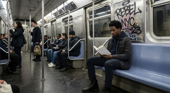 Young Black man reading a book on a subway train. Urban commute in a carriage with graffiti on the window