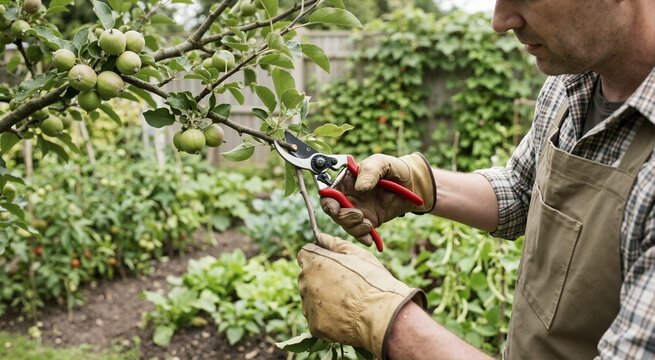 Close up of a gardener pruning an apple tree branch with shears. Trimming fruit trees in a backyard garden. Horticulture and orchard maintenance