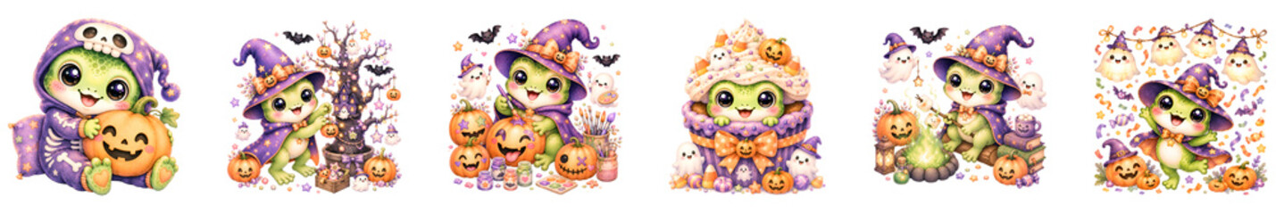 Fototapeta premium Cute Frog Witch with Pumpkins and Decorations Halloween Watercolor Illustration Isolated on Transparent Background.
