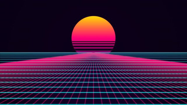 Retro Synthwave 80s Neon Sun and Perspective Grid Background Seamless Loop