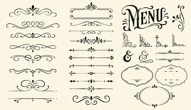 Vintage Black Ornamental Menu Design with Decorative Flourishes Frames Borders and Typography