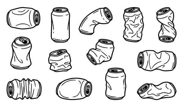 Hand drawn crushed aluminum can doodle outline collection with flattened metal drink containers