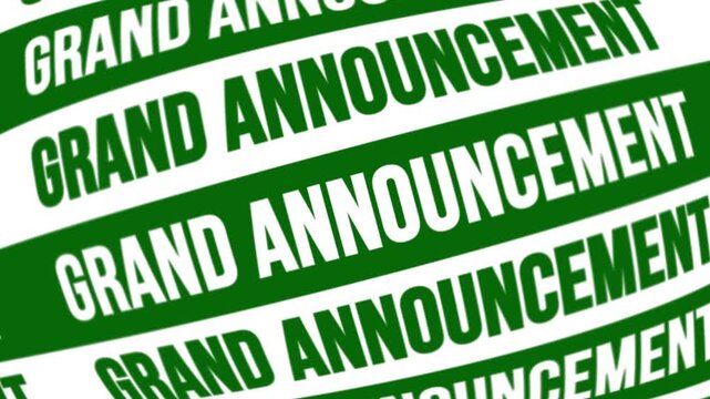 Grand Announcement text intro with curved wave pattern on green background