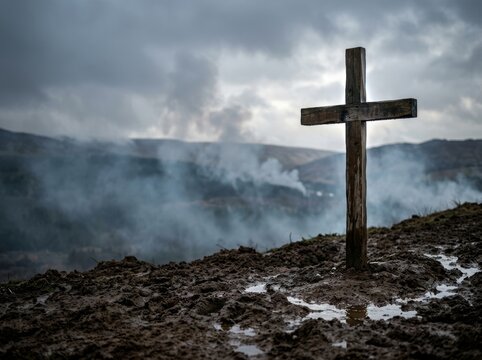 A simple wooden cross stands in a muddy field, with mist and overcast skies creating a somber mood.