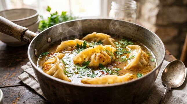 Steaming bowl of homemade dumplings in a savory broth with fresh herbs in a rustic kitchen setting