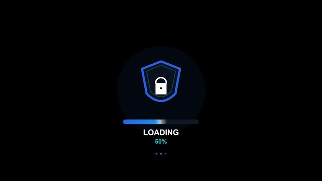 Security lock loading bar with percentage complete on a dark background, indicating protection and data safety