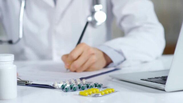 Doctors write prescription pills clinic. Treatment illnesses filling out medical prescription patient card. man woman drug tablets giving medicine office. Health care, medical pharmacy industry