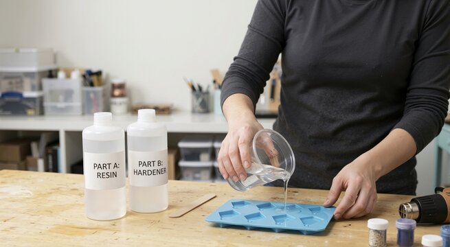 Person pouring clear epoxy resin into a blue silicone mold. DIY crafting kit with part A and part B hardener bottles on a wooden table