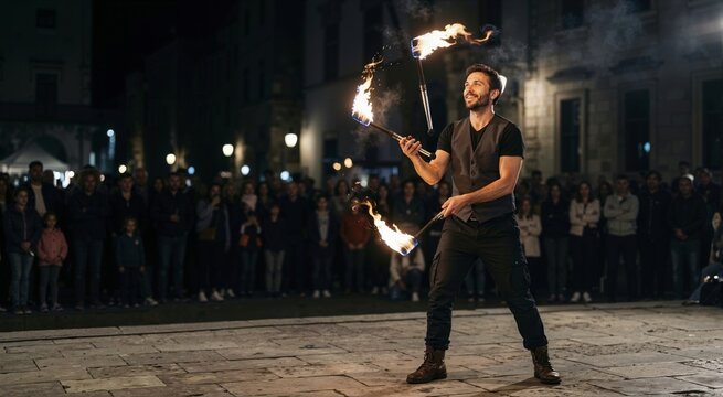 Smiling male street performer juggling fire torches at night. Man entertaining crowd with flaming props in public city square. Outdoor festival performance
