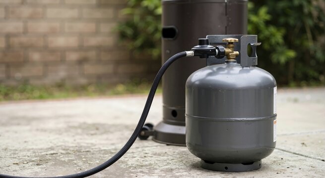 Grey propane gas cylinder connected to an outdoor patio heater. Metal tank with brass valve and black regulator hose on a concrete surface