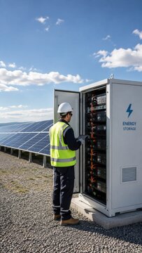 A technician in safety gear inspects an open energy storage cabinet at a solar farm. Professional maintenance of renewable energy infrastructure. Ideal for clean energy and technology themes.