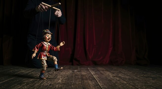 Classic wooden string puppet dancing on a theater stage. Puppeteer manipulating a marionette character against a red velvet curtain