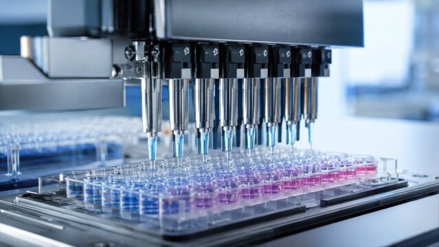 Automated Pipetting Machine Dispensing Samples into Microplate
