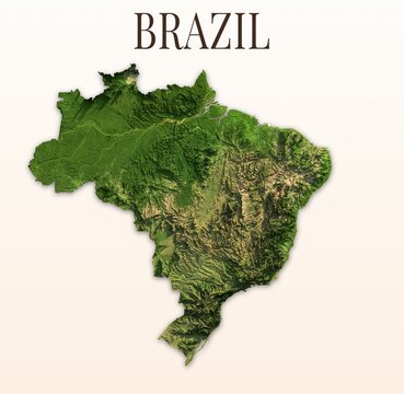 Brazil Shaded Relief Map. Hillshaded physical terrain map illustration. Light background with title. Illustration elements derived from NASA Imagery and NASADEM Global Elevation Model.