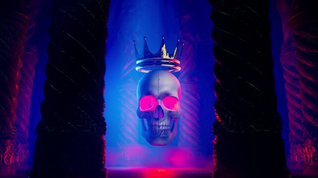 Dark Electric Blue Motion Background of Hovering King Skull Between Carved Gothic Columns