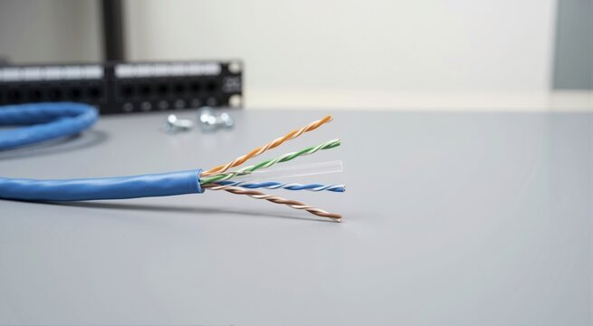 Close up of stripped blue Cat6 Ethernet cable showing twisted pairs. Network data wiring with exposed internal copper wires