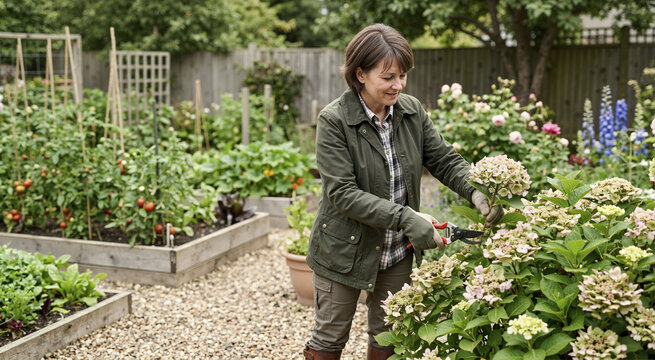 Woman pruning a flowering hydrangea shrub with hand pruners in a garden. Gardening maintenance and plant care. Female gardener working in a vegetable patch