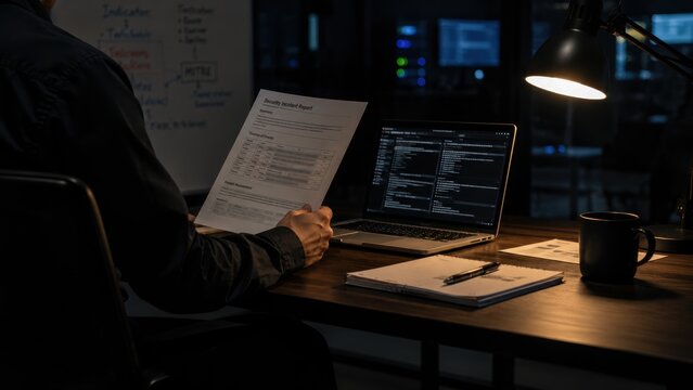 Person reviews security incident report at dark desk with laptop. Professional atmosphere focused on cybersecurity and data protection. Suitable for information technology and safety marketing.