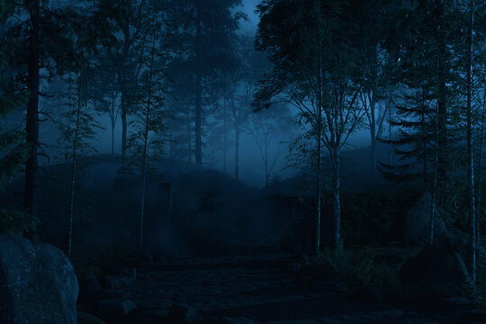 3D Rendering of a misty forest with old stone stairs in the middle of the night