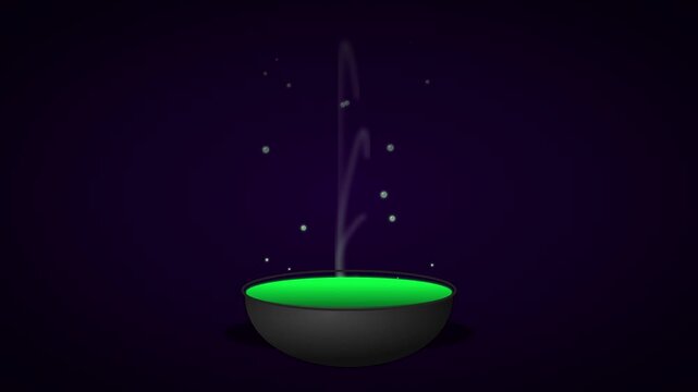 Glowing green magic potion in black bowls with rising smoke