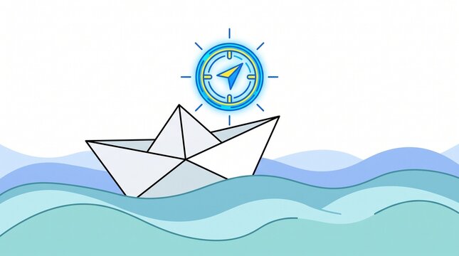 Business Navigation Compass And Paper Boat Concept Illustration For Startup Journey