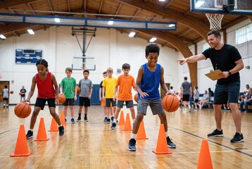 Naklejka premium Children work on their basketball skills in a gym during a summer camp. They dribble balls and navigate around cones with a coach giving instructions and support