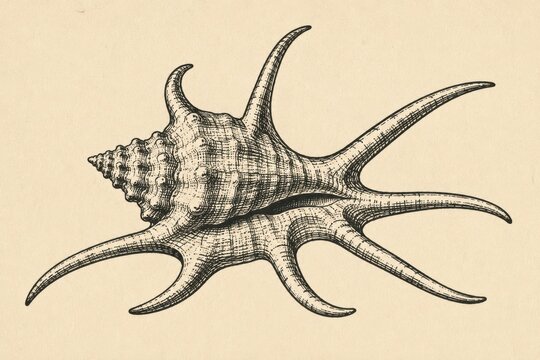 Spider Conch Shell Linocut Illustration Horizontal Woodblock Print Natural History Plate