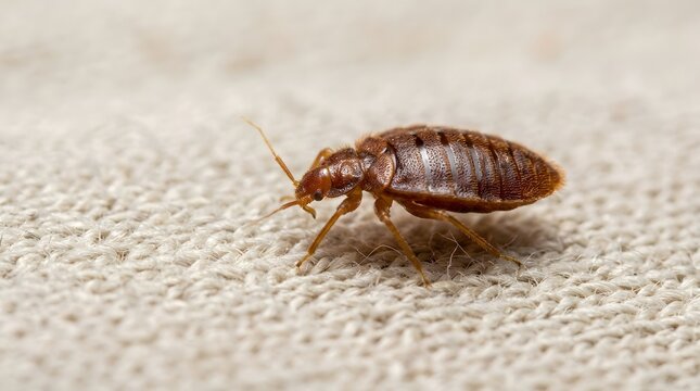 Close-up macro shot of a single bed bug on fabric