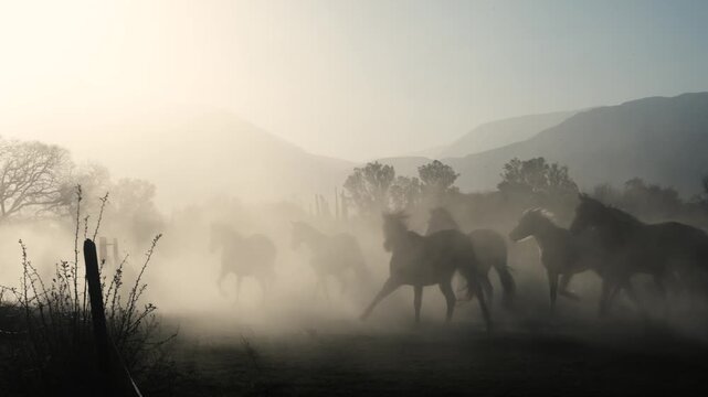 View of horses running through a dusty field at sunset with mountains in the background in Rosario de Lerma, Salta Province, Argentina.