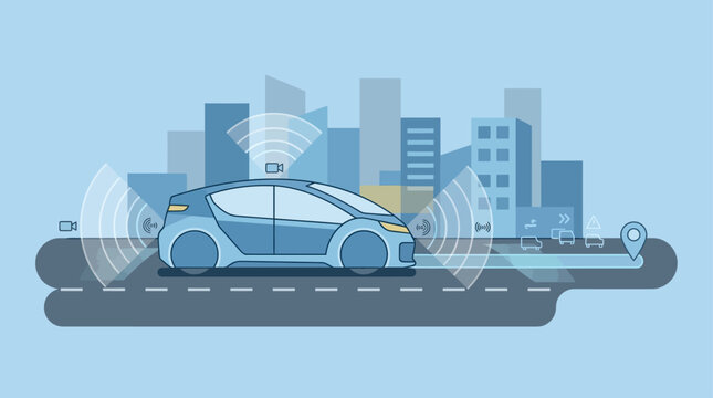 This flat design illustration showcases a futuristic autonomous vehicle navigating with visible digital sensor data and route planning, representing the advancement in self-driving technology.