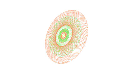 Complex circular mandala geometric pattern with intricate orange and green lines on black surface area © Shahida