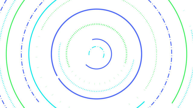Colorful concentric circles with digital binary data streaming around glowing neon rings in a virtual space