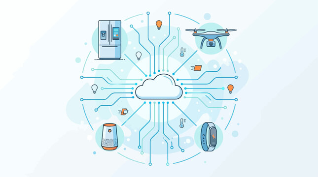This flat design illustration showcases a central cloud hub connecting diverse IoT devices such as a smart refrigerator, drone, fitness tracker, and smart speaker