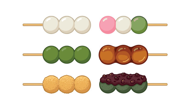 Traditional Japanese dango vector illustration collection featuring sweet rice flour dumplings on wooden skewers, mitarashi, hanami, anko toppings isolated on white background