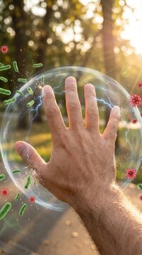 Human hand provides a protective immunity barrier, shielding microscopic pathogen organism, an energetic defensive response, preventing infection, a vital biological protection.