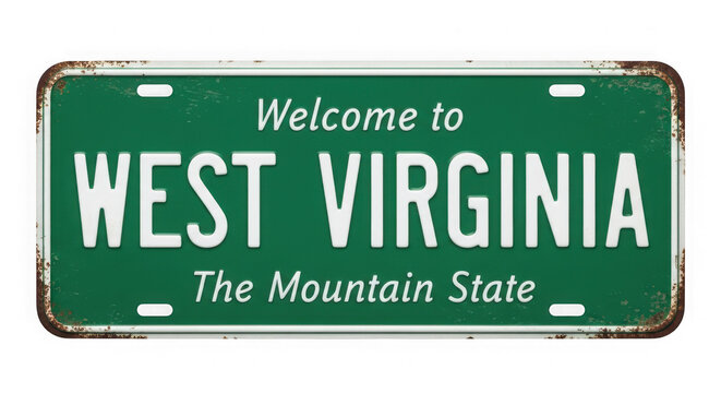 Green west virginia license plate with white text isolated on transparent background
