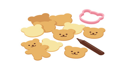 Fototapeta premium Homemade bear shape cookies vector illustration featuring cute decorated biscuits, pink plastic mold, chocolate icing tube on white background