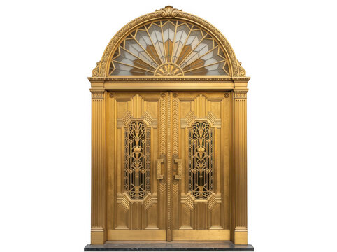 An ornate golden double door with an arched transom window and intricate metalwork patterns isolated on a black background, for architecture isolated on a transparent background
